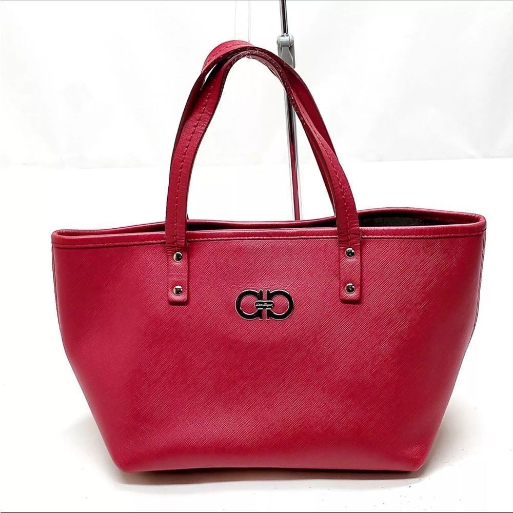 Auth Salvatore Ferragamo Small Rosa Leather Bice Tote Bag Shopper Winged Tote